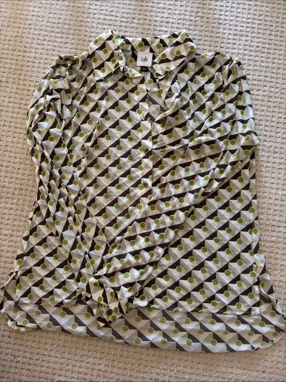 CAbi Olive and Cream Geometric Button-Down Shirt